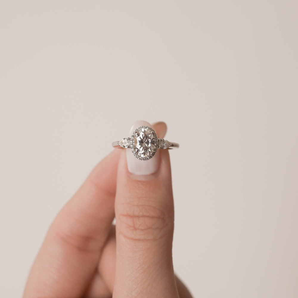 1.20ct Oval Halo Three Stone Moissanite Diamond Engagement Ring