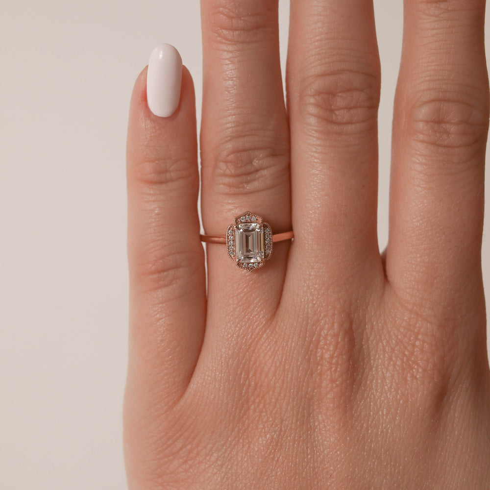2.0CT Emerald Cut Moissanite Vintage Cluster Diamond Engagement Ring