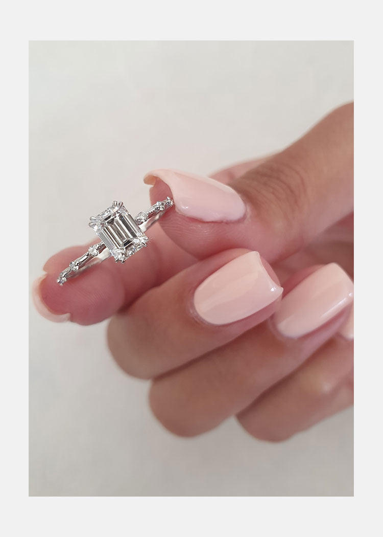 1.0ct Emerald Cut Moissanite Petite Pave Diamond Engagement Ring