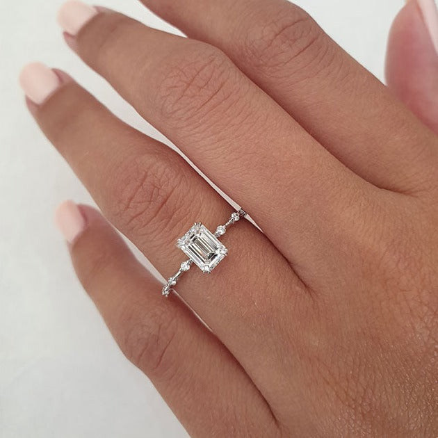 1.0ct Emerald Cut Moissanite Petite Pave Diamond Engagement Ring