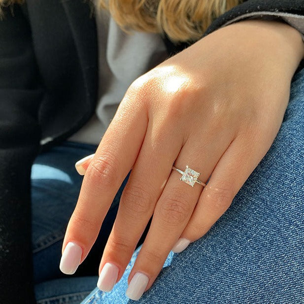 1.0ct Princess Cut Hidden Halo Diamond 14K White Gold Engagement Ring