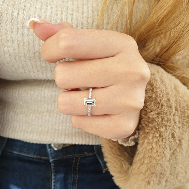 1.0ct Emerald Cut Moissanite Diamond Hidden Halo Engagement Ring