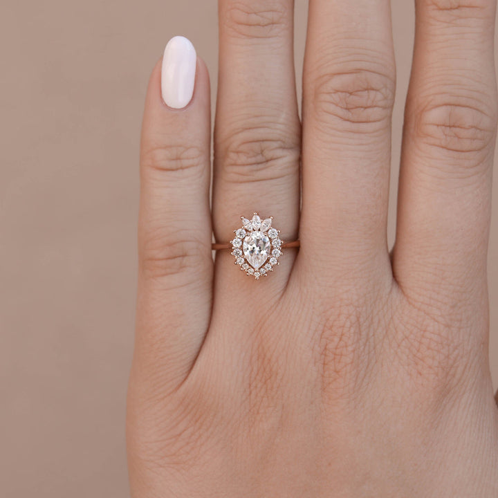 1.25ct Pear Cut Cluster Halo Moissanite Diamond Engagement Ring