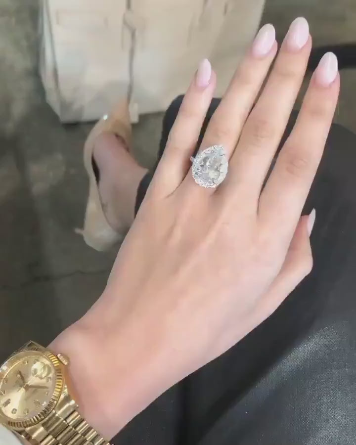 6.16ct Pear Cut Halo Moissanite Diamond Pave Engagement Ring