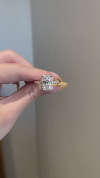 4.0CT Elongated Radiant Cut Three Side Pave Moissanite Diamond Engagement Ring