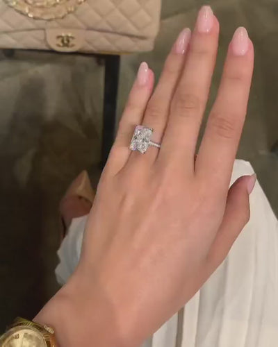 7.45ct Elongated Radiant Cut Three Stone Moissanite Diamond Engagement Ring