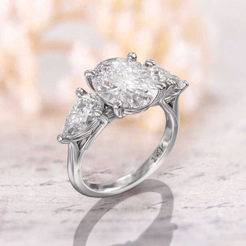 3CT Oval Diamond Three Stone Moissanite Engagement Ring