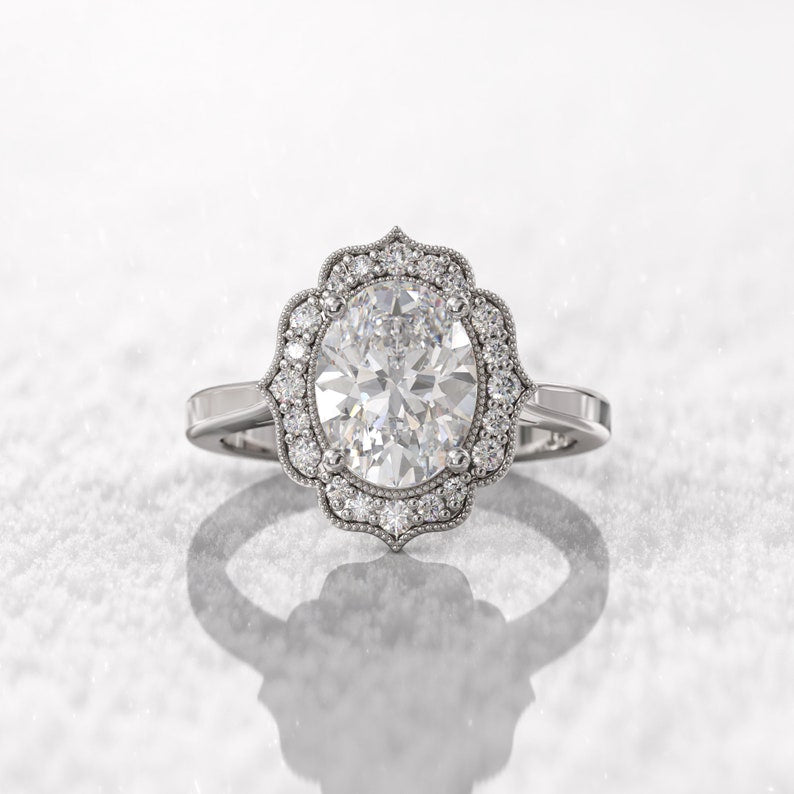 2CT Oval Diamond Halo Moissanite Engagement Ring