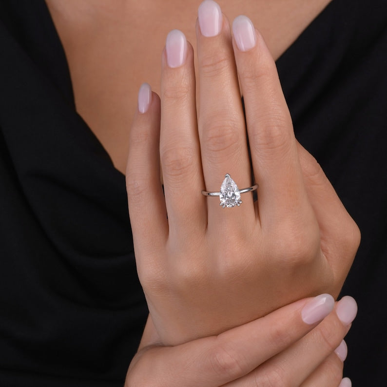 2CT Pear Diamond Hidden Halo Moissanite Engagement Ring