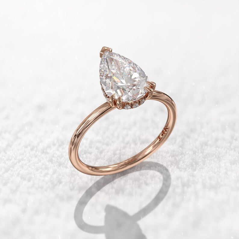 2CT Pear Diamond Hidden Halo Moissanite Engagement Ring