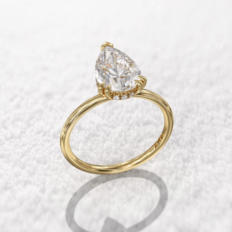 2CT Pear Diamond Hidden Halo Moissanite Engagement Ring