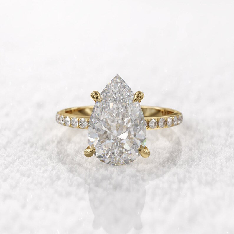 3CT Pear Diamond Hidden Halo Moissanite Engagement Ring