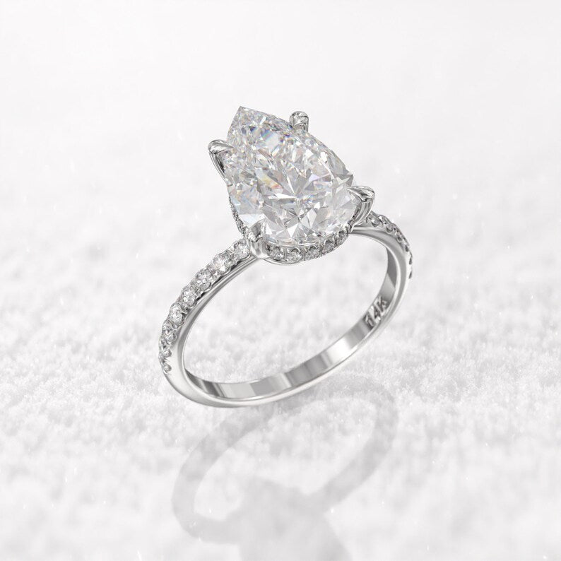 3CT Pear Diamond Hidden Halo Moissanite Engagement Ring