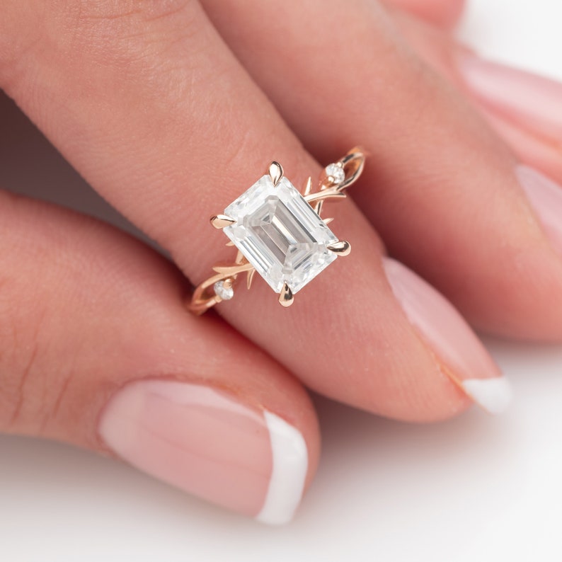 3.50ct Emerald Cut Diamond Twig Moissanite Engagement Ring