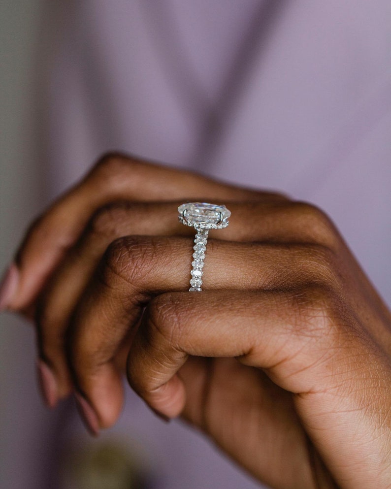 4.10ct Oval Cut Hidden Halo Diamond Moissanite Pave Engagement Ring