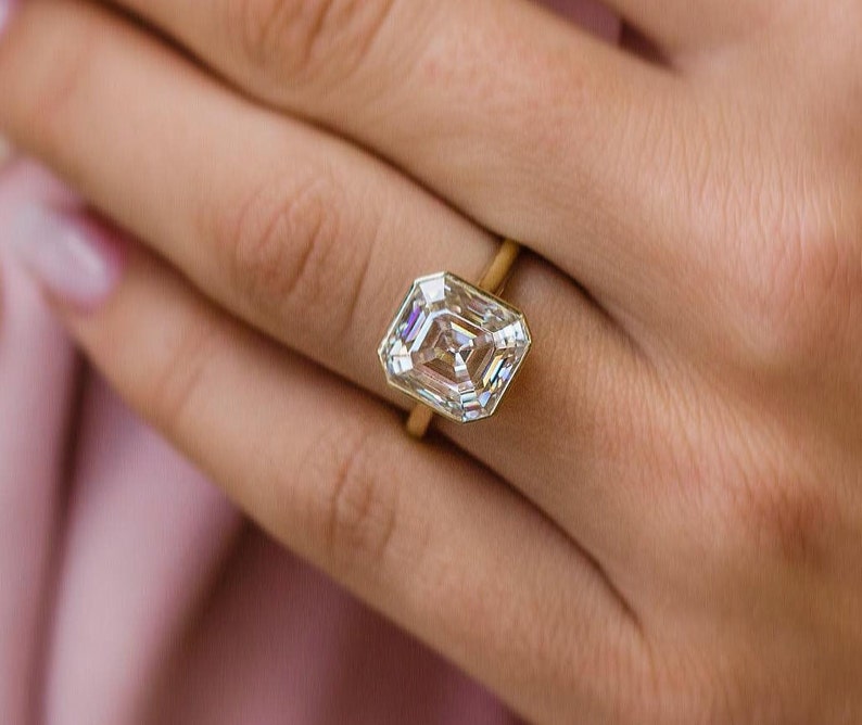 4.0ct Asscher Cut Bezel Diamond Moissanite Engagement Ring
