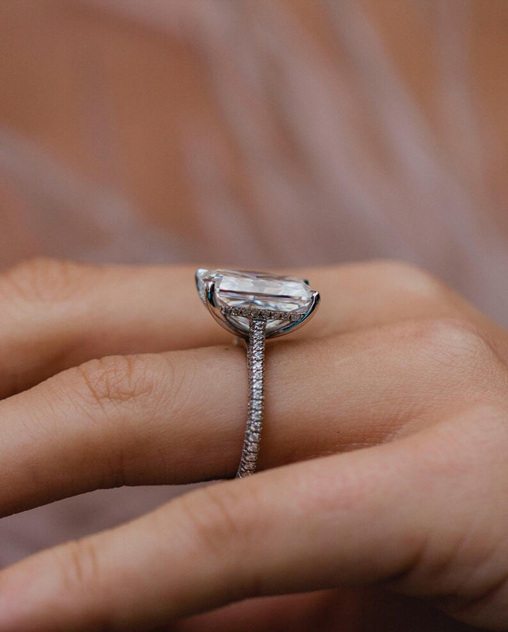 7.45ct Elongated Radiant Cut Three Stone Moissanite Diamond Engagement Ring