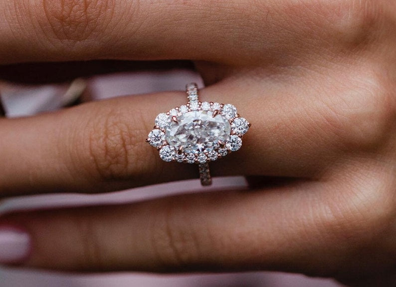 3.5ct Oval Cut Halo Moissanite Diamond Pave Engagement Ring For Women