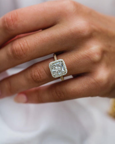 3.25ct Asscher Cut Three Side Pave Moissanite Diamond Halo Engagement Ring