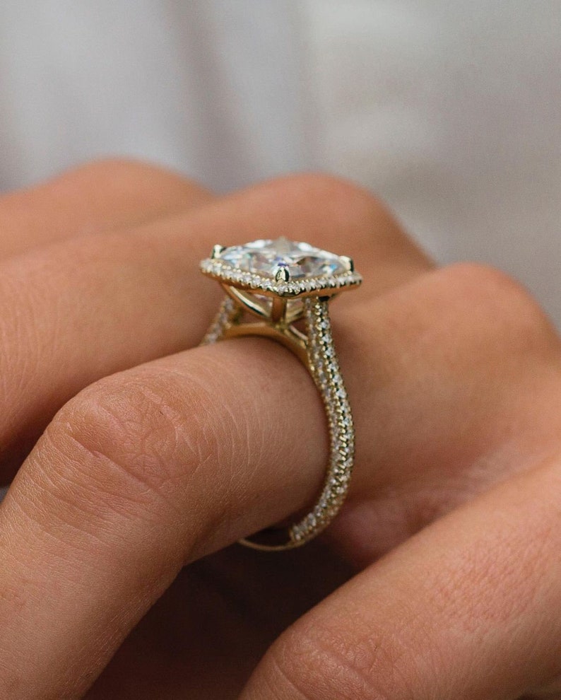 3.25ct Asscher Cut Three Side Pave Moissanite Diamond Halo Engagement Ring