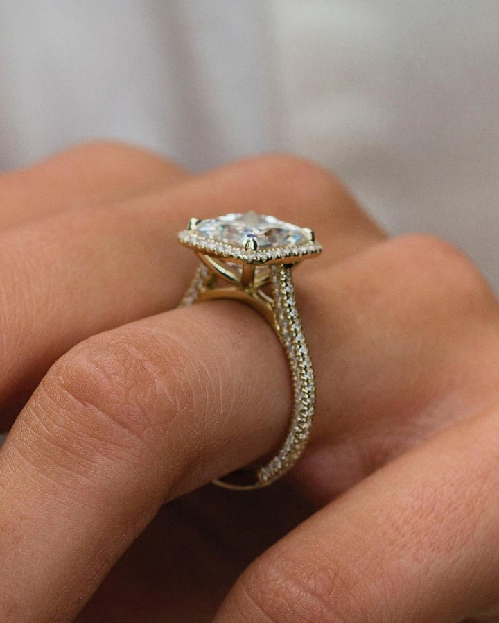 3.25ct Asscher Cut Three Side Pave Moissanite Diamond Halo Engagement Ring