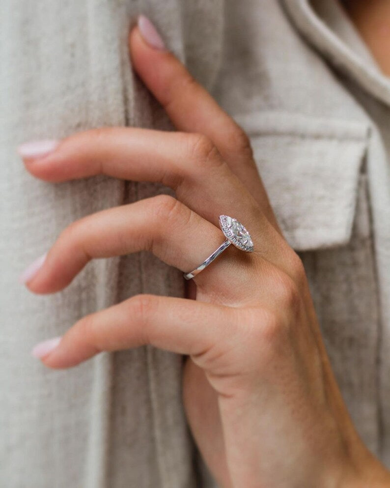 1.62ct Marquise Cut Halo Moissanite Diamond Engagement Ring