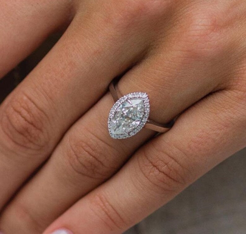 1.62ct Marquise Cut Halo Moissanite Diamond Engagement Ring