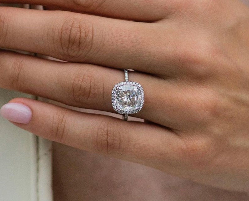 3.65ct Cushion Cut Halo Moissanite Diamond  Pave Engagement Ring
