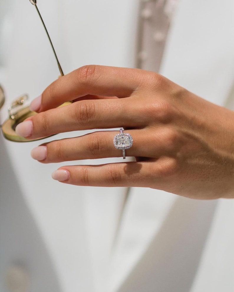 2.40ct Cushion Cut Pave Moissanite Diamond Halo Engagement Ring