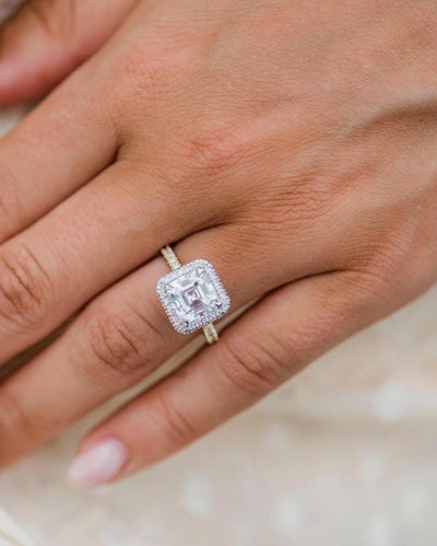 2.75ct Asscher Cut Halo Moissanite Diamond Pave Engagement Ring