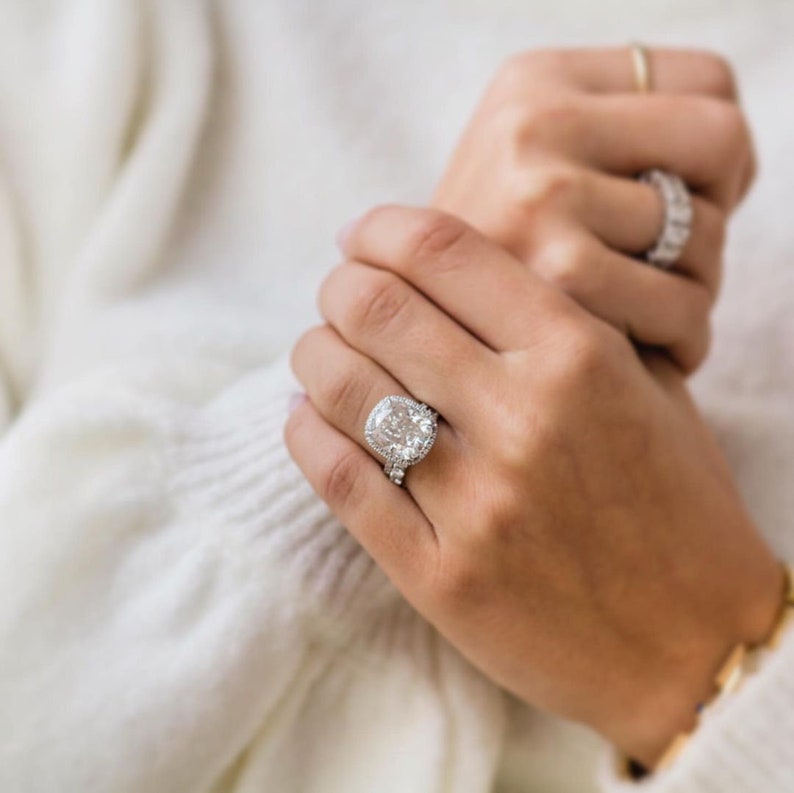 8.0ct Cushion Cut Halo Moissanite Diamond Pave Engagement Ring For Women