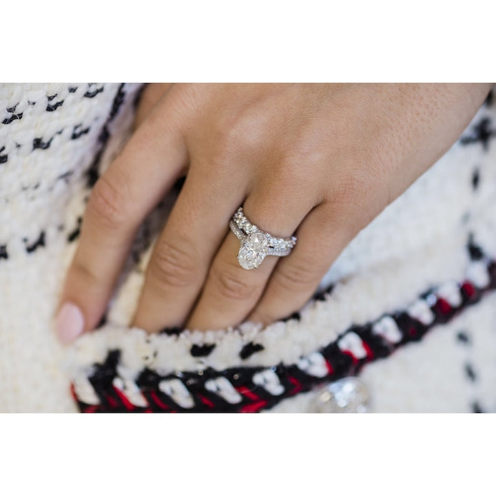 3.0ct Oval Cut Three Side Pave Diamond Moissanite Hidden Halo Engagement Ring