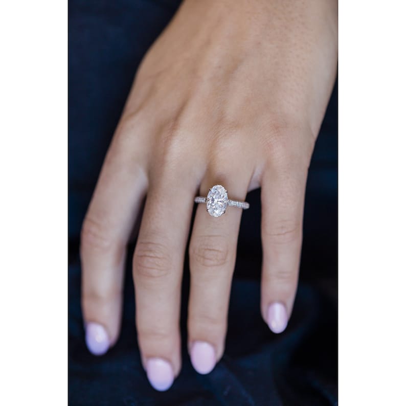 3.0ct Oval Cut Three Side Pave Diamond Moissanite Hidden Halo Engagement Ring