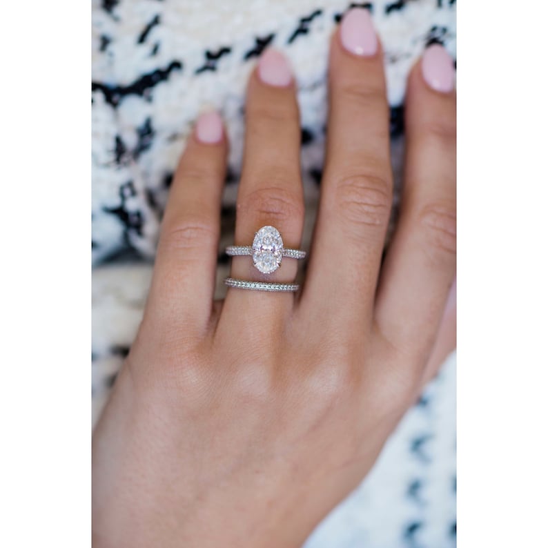 3.0ct Oval Cut Three Side Pave Diamond Moissanite Hidden Halo Engagement Ring