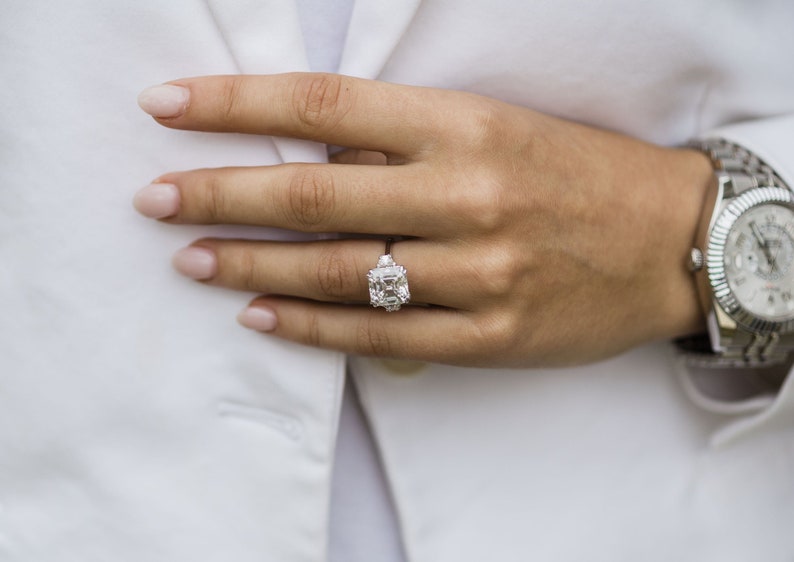 4.1ct Asscher Cut Three Stone Moissanite Diamond Engagement Ring