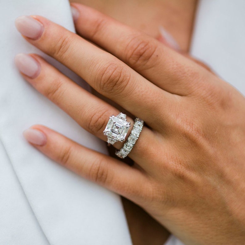 4.1ct Asscher Cut Three Stone Moissanite Diamond Engagement Ring