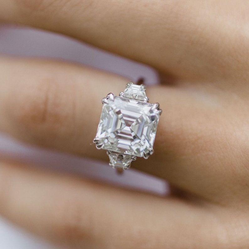 4.1ct Asscher Cut Three Stone Moissanite Diamond Engagement Ring