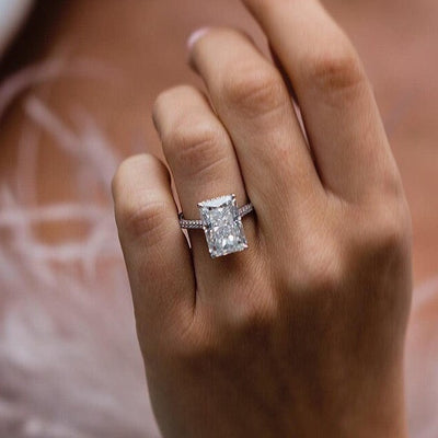 7.45ct Elongated Radiant Cut Three Stone Moissanite Diamond Engagement Ring