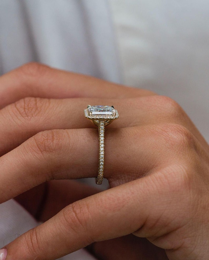3.25ct Asscher Cut Three Side Pave Moissanite Diamond Halo Engagement Ring