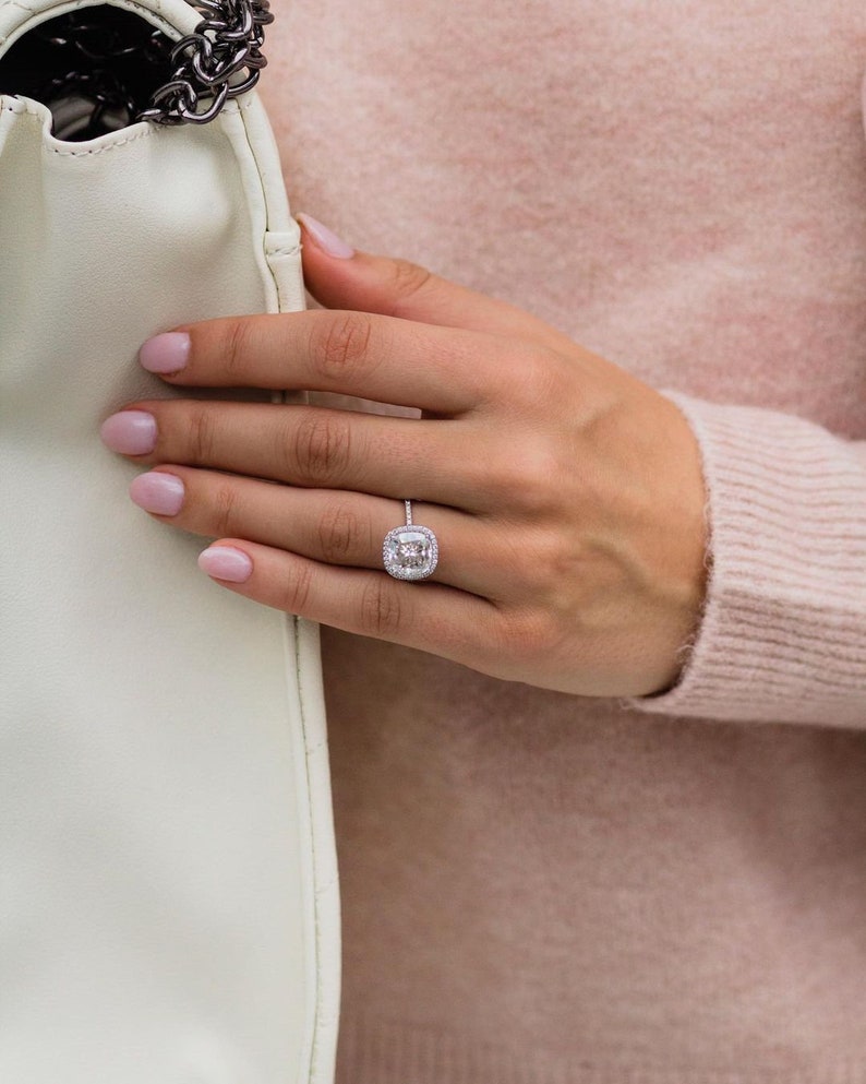 3.65ct Cushion Cut Halo Moissanite Diamond  Pave Engagement Ring