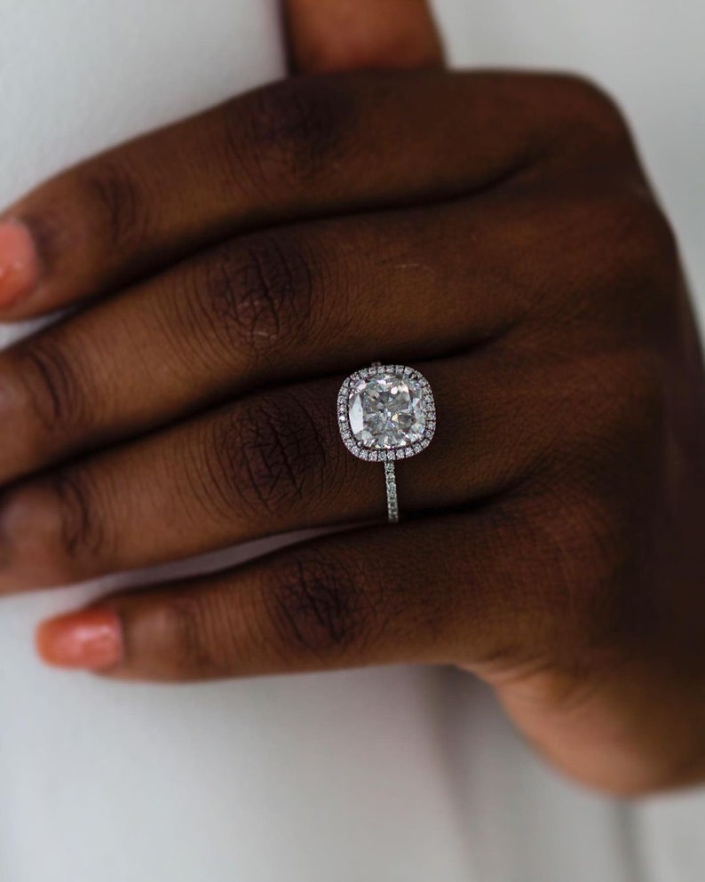 3.65ct Cushion Cut Halo Moissanite Diamond  Pave Engagement Ring