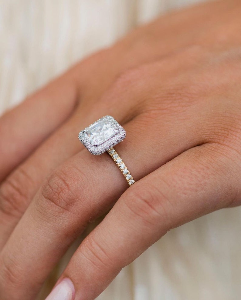 2.75ct Asscher Cut Halo Moissanite Diamond Pave Engagement Ring