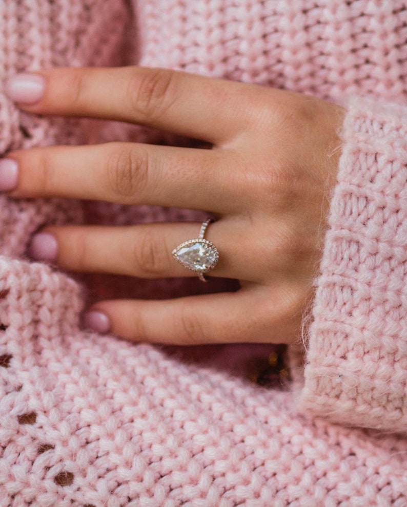 3.45ct Pear Cut Halo Moissanite Diamond Pave Engagement Ring