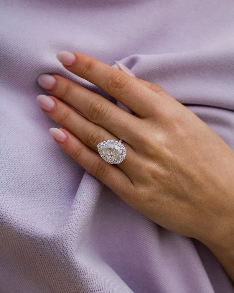 6.16ct Pear Cut Halo Moissanite Diamond Pave Engagement Ring