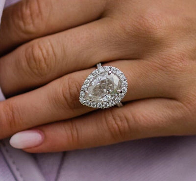 6.16ct Pear Cut Halo Moissanite Diamond Pave Engagement Ring