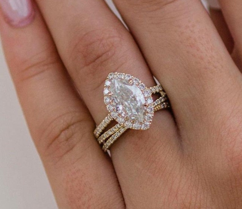 3.55ct Marquise Cut Halo Moissanite Diamond Pave Engagement Ring