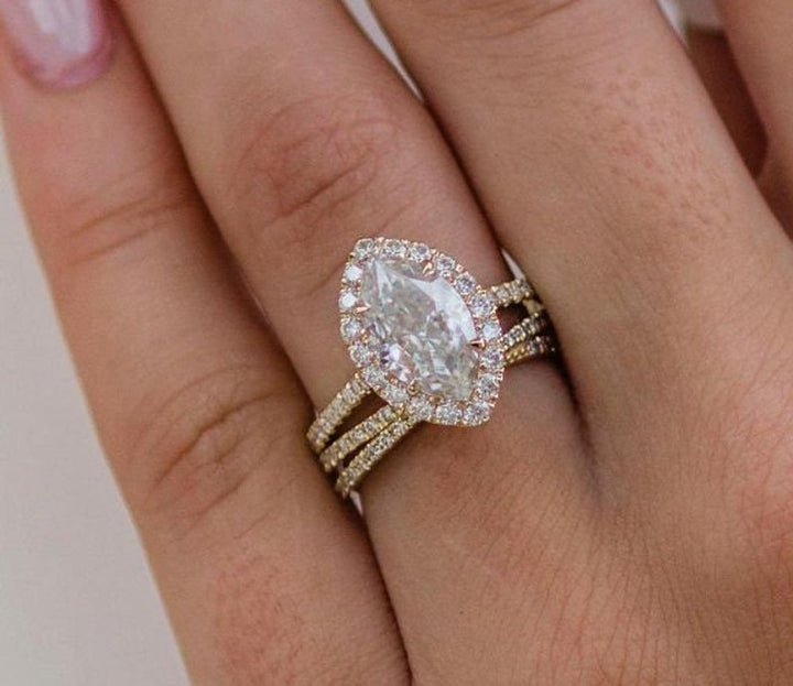 3.55ct Marquise Cut Halo Moissanite Diamond Pave Engagement Ring