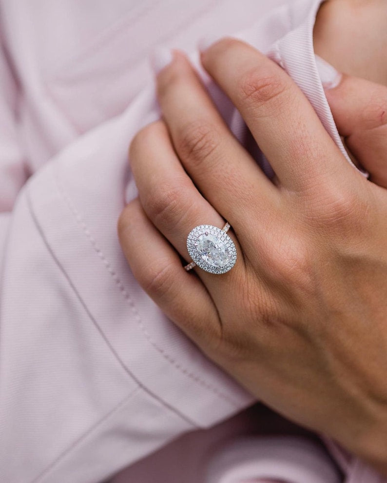 4.0ct Oval Cut Double Halo Moissanite Diamond Pave Engagement Ring For Women