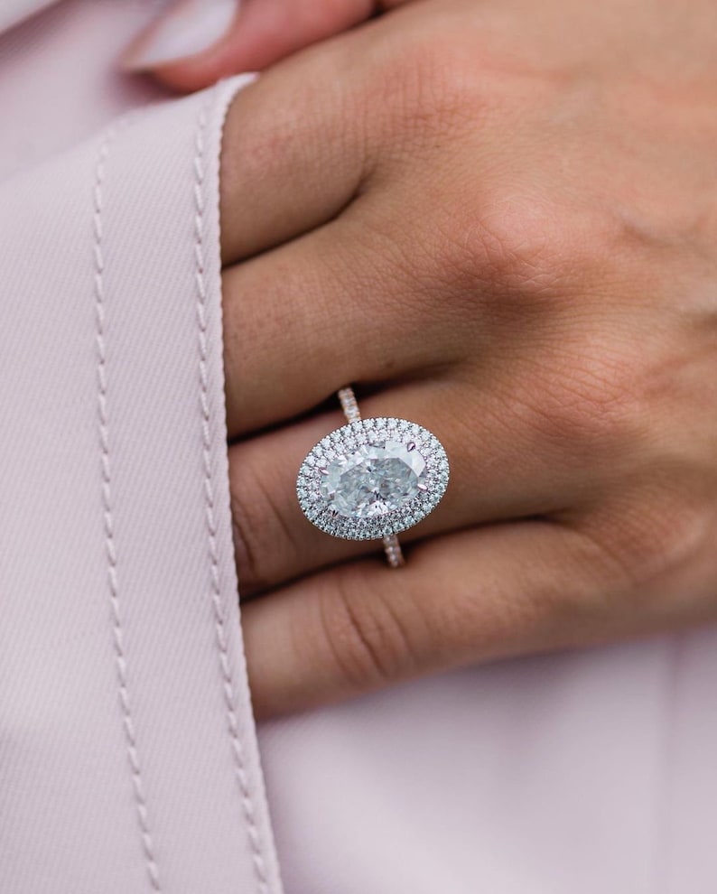 4.0ct Oval Cut Double Halo Moissanite Diamond Pave Engagement Ring For Women