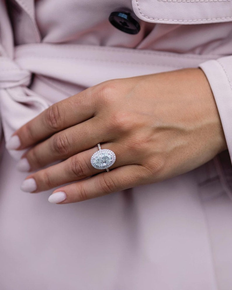 4.0ct Oval Cut Double Halo Moissanite Diamond Pave Engagement Ring For Women